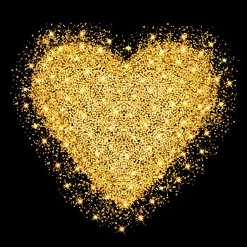 Happy Valentines day greeting card. Gold heart with glitter stars and particles. Vector illustration.