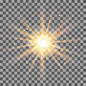 Gold rays light effect isolated on transparent background. Vector illustration.
