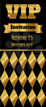 VIP club party premium invitation card flyer with rhombus. Black and gold template. Vector illustration