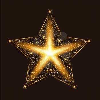 Gold glow glitter star with particles. Light effects. Vector illustration.