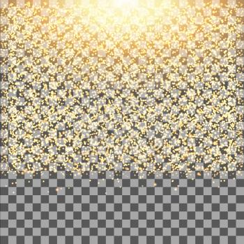 Gold glow glitter sparkles on transparent background.Falling dust. Vector illustration.