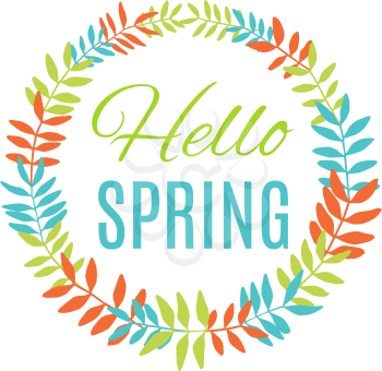 Hello spring greeting card wreath. Vector illustration
