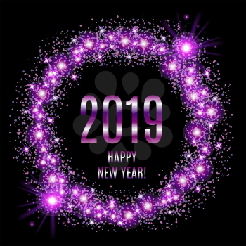 2019 Happy New Year glowing violet background. Vector illustration