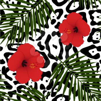 Red hibiscus and palm leaves seamless pattern. Vector illustration.