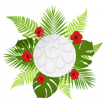 Round banner with palm, fern and hibiscus. Vector illustration.