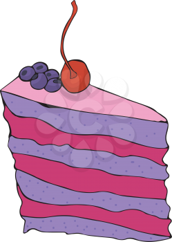 Piece of hand drawn blueberry cake with cherry. Vector illustration. 