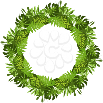 Green circle frame with tropical leaves. Vector illustration