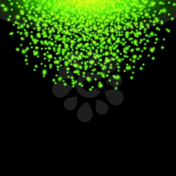 Falling glow green particles on black background. Holiday, nightclub, party card. Vector illustration