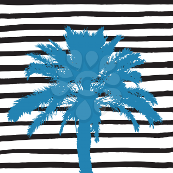 Blue palm tree and hand drawn black and white stripes. Vector illustration.