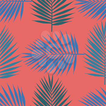 Living coral tropical palm leaves seamless pattern. Vector illustration.