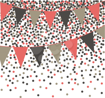 Living coral bunting background with confetti. Vector illustration.