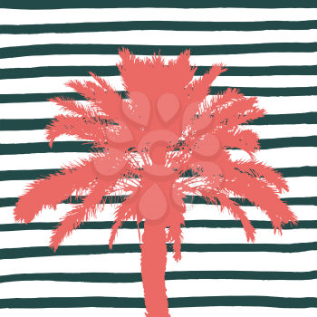 Living coral palm tree and hand drawn stripes. Vector illustration.