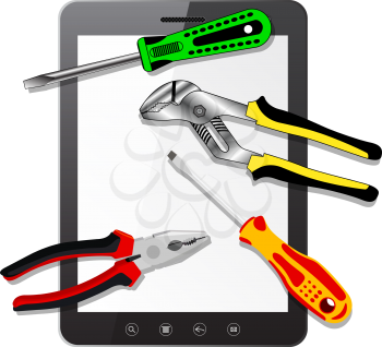Royalty Free Clipart Image of a Tablet and Tools