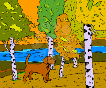 Royalty Free Clipart Image of a Dog by Trees