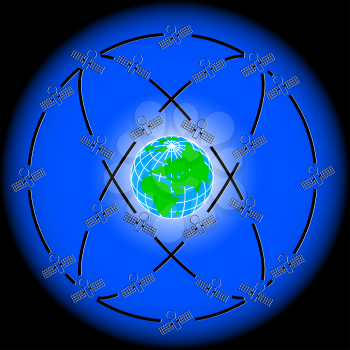 Royalty Free Clipart Image of Satellites Orbiting Earth
