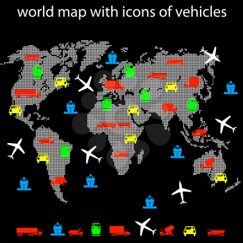 Royalty Free Clipart Image of a World Map With Transportation Icons