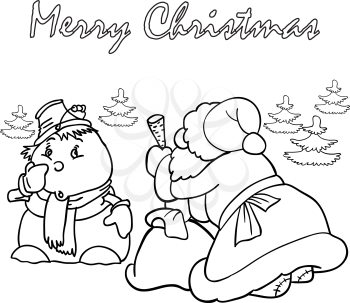 Royalty Free Clipart Image of Santa Claus Giving a Snowman a Carrot Nose