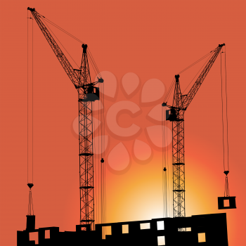 Royalty Free Clipart Image of Cranes on a Building