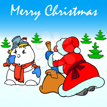 Royalty Free Clipart Image of Santa Claus Giving a Snowman a Carrot Nose