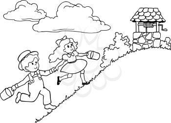 Royalty Free Clipart Image of Children Walking to a Water Well