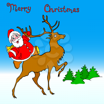 Royalty Free Clipart Image of Santa Claus Riding a Reindeer