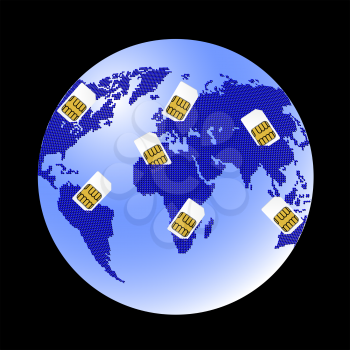 Royalty Free Clipart Image of SIM Cards and Planet Earth