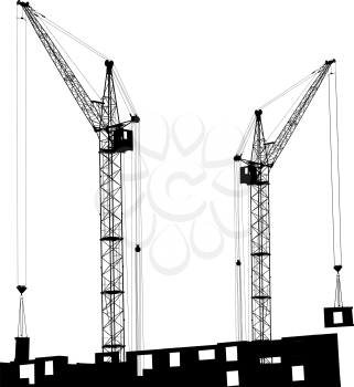 Royalty Free Clipart Image of Two Cranes on a Building