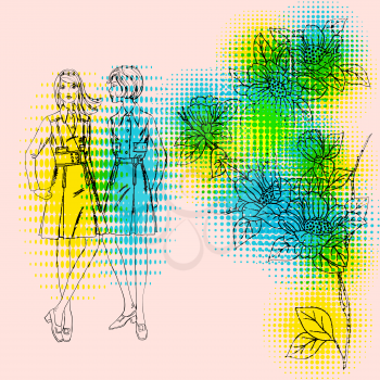 Royalty Free Clipart Image of Two Girls on a Floral Background