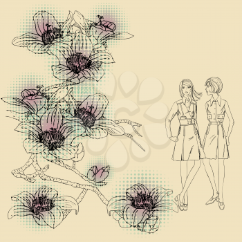 Royalty Free Clipart Image of Two Girls on a Floral Background