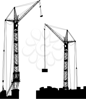 Royalty Free Clipart Image of Cranes on the Top of Buildings