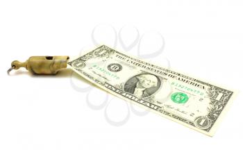 Simple plastic whistle lies near to dollar a denomination on a white background