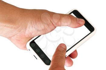 Mobile phone in a man's hand. Isolated on a white background.