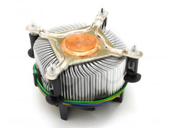 Fan on the white background. The fan of the processor with a wire for a food