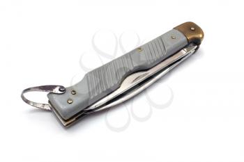Aviation folding knife with an edge and a saw of gray color with a loop for fastening