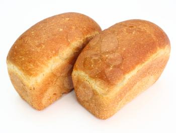 The ruddy long loaf of bread with the fried crust is isolated on a white background