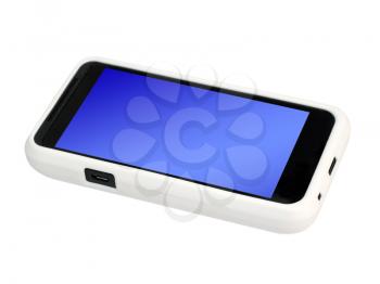 Mobile phone in a  cover with a blank screen. Isolated on a white background.