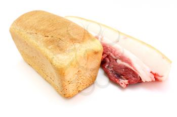Roll of fresh bread and the big piece of fat with meat on a white background
