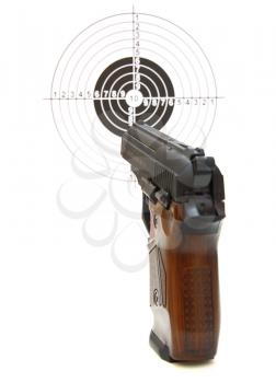 Kind on a target for shooting through a pistol front sight on a white background