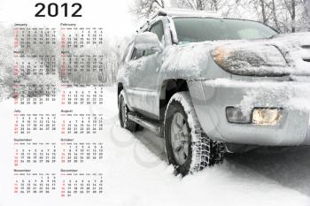 Stylish calendar with car for 2012. Week starts on Sunday.