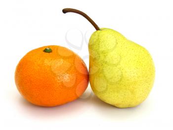 Fruit, tangerine and pear lie on a white background