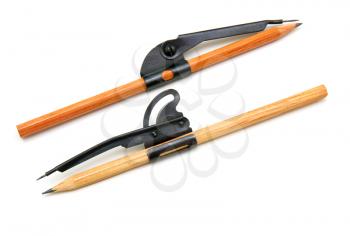 Two pencils and compasses on a white background