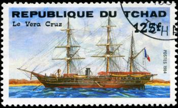 REPUBLIC OF CHAD - CIRCA 1984: A stamp printed in Republic of Chad shows the ship Le Vera Cruz, series is devoted to sailing vessels, circa 1984