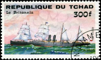 REPUBLIC OF CHAD - CIRCA 1984: A stamp printed in Republic of Chad shows the ship Le Britannia, series is devoted to sailing vessels, circa 1984