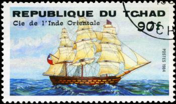 REPUBLIC OF CHAD - CIRCA 1984: A stamp printed in Republic of Chad shows the ship Cie de l'Inde Orientale, series is devoted to sailing vessels, circa 1984