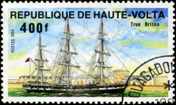 REPUBLIC OF UPPER VOLTA- CIRCA 1984: A stamp printed in Republic of Upper Volta shows the ship True Briton, series is devoted to sailing vessels, circa 1984