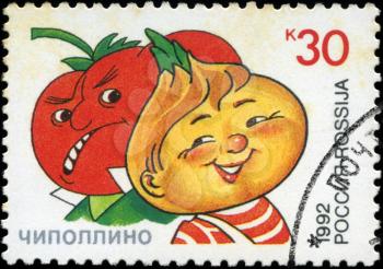 RUSSIA - CIRCA 1992: A stamp printed in Russia shows Signor Tomato and Cipollino, series Characters from Children's Books, circa 1992