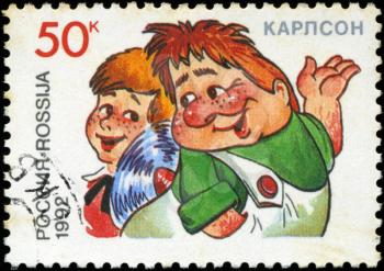 RUSSIA - CIRCA 1992: A stamp printed in Russia shows  Kid and Carlson, series Characters from Children's Books, circa 1992