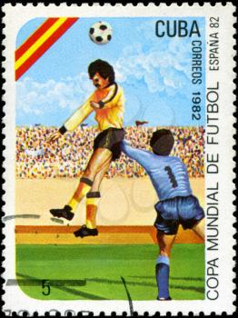 CUBA - CIRCA 1982: A post stamp printed in Cuba shows shows football, series devoted World Cup in Spain, circa 1982.