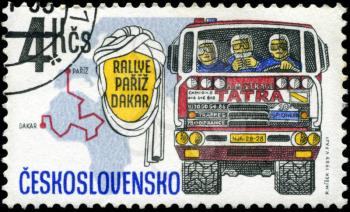 CZECHOSLOVAKIA - CIRCA 1989: A Stamp printed in Czechoslovakia devoted truck competition on Rally Paris - Dakar, circa 1989