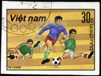 VIET NAM - CIRCA 1982: A post stamp printed in Viet nam shows shows football, series devoted World Cup in Spain, circa 1982.